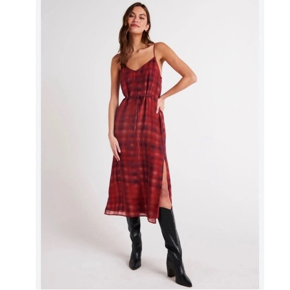 Bella Dahl V-Neck Tencel Plaid Slip Midi Dress in Burgundy Red | Size Small - Picture 1 of 6